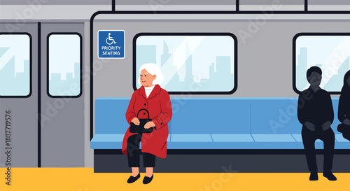Elderly woman sitting in priority seating on a train, modern flat vector style emphasizing respectful and inclusive public transportation design
