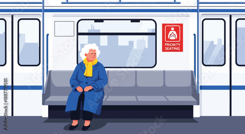 Elderly woman sitting in priority seating on a train, modern flat vector style emphasizing respectful and inclusive public transportation design