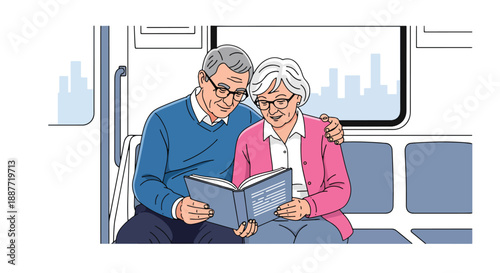 Elderly couple reading together while riding a train, flat vector style highlighting companionship and relaxed senior commuting lifestyle