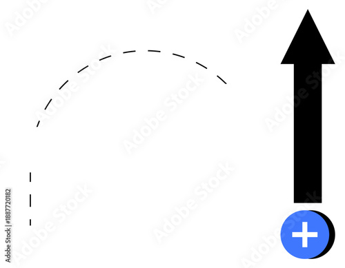 Growth concept. A black arrow with a blue plus symbol signifies upward growth. Dashed line suggests transformation or transition. Useful for business, goal setting, success, trends, progress