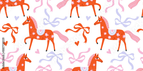 Seamless pattern with cute folk horses, ribbons, bows and hearts in pastel colors. Playful hand-drawn flat illustration for kids fabric, wrapping paper, wallpaper and decorative surface design.
