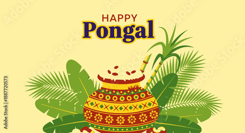 Happy Pongal Festival Vector Illustration of Traditional Pot, Sugarcane, and Tropical Leaves on a Festive Yellow Background