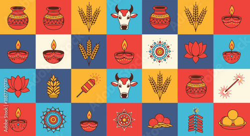 Flat Vector Illustration of Vibrant Indian Festival Symbols and Elements Representing Diwali, Harvest, and Cultural Celebrations