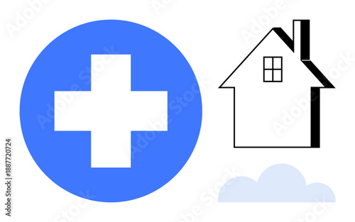 Health services, home care, remote healthcare, telemedicine, medical support, online assistance. A cross inside a circle, a house and a cloud. Health services and home care