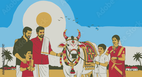 Joyful South Indian Family Celebrating a Traditional Harvest Festival with a Sacred Decorated Bull in a Rural Village