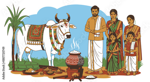 South Indian Family Celebrating Pongal Harvest Festival with Traditional Cooking, Decorated Bull, Sugarcane, and Festive Elements