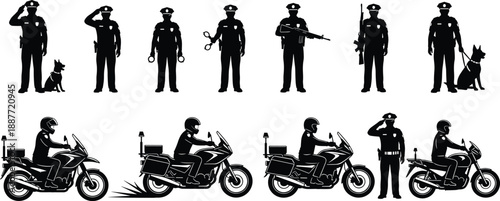 Set of police officer and motorcycle silhouettes with dog units, black and white vector illustration for law enforcement and security design projects