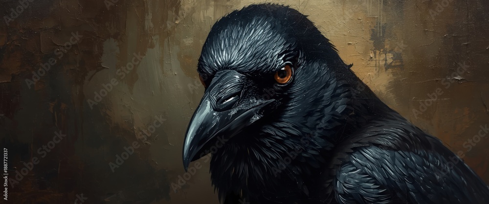 Obraz premium Raven Portrait: A Majestic Bird Study Against an Abstract, Artistic Backdrop