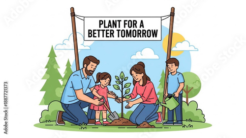 Family planting a tree for a better tomorrow environmental concept illustration nature conservation and sustainability isolated on white backgr