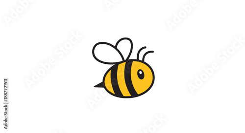 Cute cartoon yellow and black bee illustration with wings in simple doodle style on an isolated white background