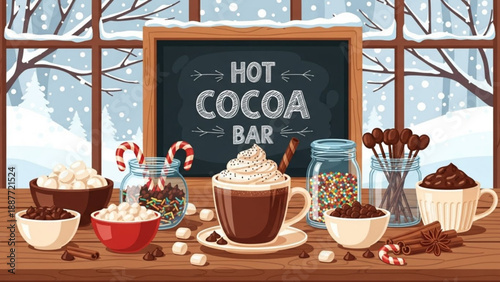 Hot cocoa bar setup with ingredients and toppings cozy winter scene with snow outside window perfect for holiday season cafe or event