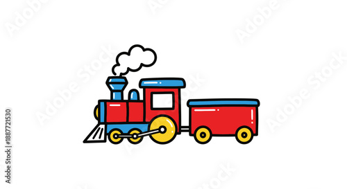 Red and blue toy train locomotive illustration with smoke in a cute cartoon style on an isolated white background