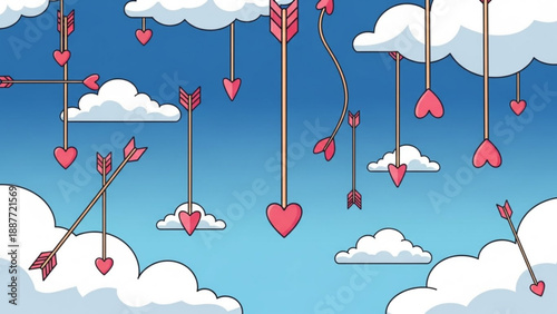 Falling cupid arrows with heart tips floating on clouds against a blue sky symbolizing love and romance for Valentines Day
