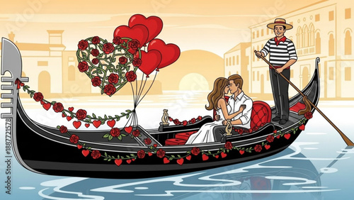 Romantic couple in gondola with roses and heart balloons Venice canal scene for Valentines Day or anniversary celebration