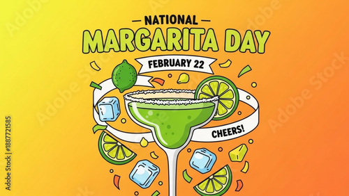 National Margarita Day illustration with lime ice and confetti celebrating February 22nd with a festive drink perfect for promotions