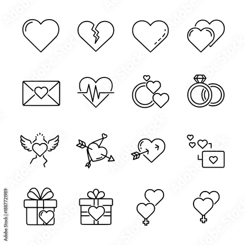 Minimal love line icon set black vector pictograms with editable stroke