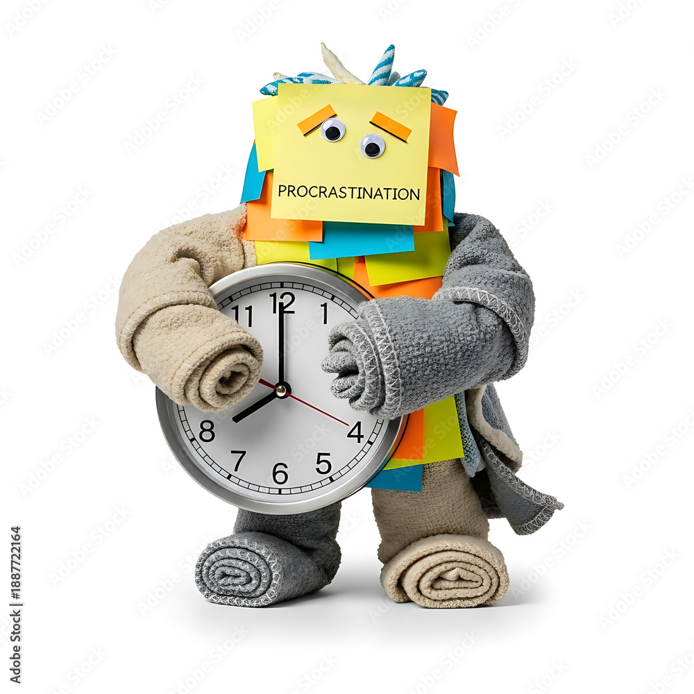 Fototapeta premium A colorful robot holding a clock with the word Procrastination on its head, symbolizing delayed tasks, in a studio setting from a front viewpoint