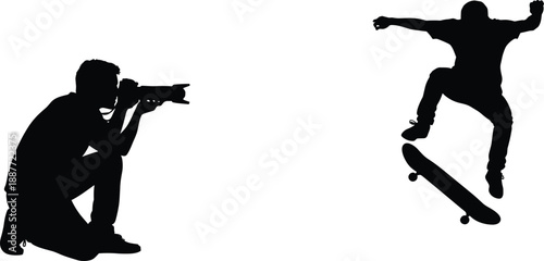 Silhouette of photographer capturing skateboarder mid-air trick, action sports and documentation theme illustration, transparent background graphic
