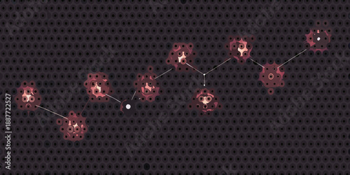 Pixelated molecular structure with glowing red components on a dark background