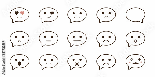Collection of simple black and white speech bubbles with various facial expressions