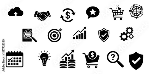 Business and finance icon set with cloud, handshake, growth chart, target, shield, gear and shopping cart isolated on transparent