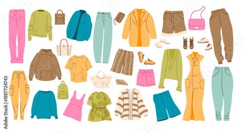 Spring and Summer outfit, shorts, trousers, tops, footwear, bags. Fashion modern casual clothes for vacation, walking. Cartoon vector illustration isolated on white background. Fashion clothes set