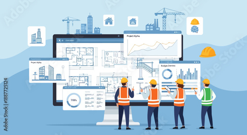 Construction Workers Reviewing Building Plans Digitally.