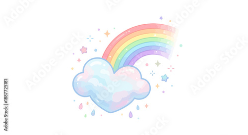 Whimsical heart shaped cloud with vibrant rainbow and colorful stars