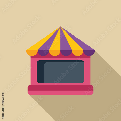 Brightly colored circus kiosk with purple and yellow striped awning, casting a long shadow on a beige background