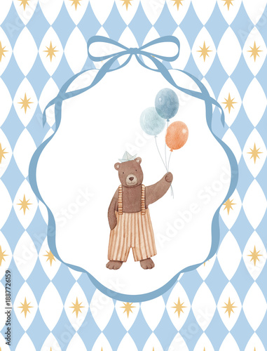 Baby circus nursery poster with watercolor bear holding balloons on harlequin diamond background. Sweet hand drawn illustration in vintage circus theme, ideal wall art for nursery decor, kids room