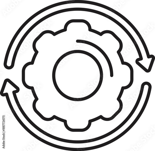 Circular arrows rotating around gear represent continuous improvement, process optimization, and ongoing development