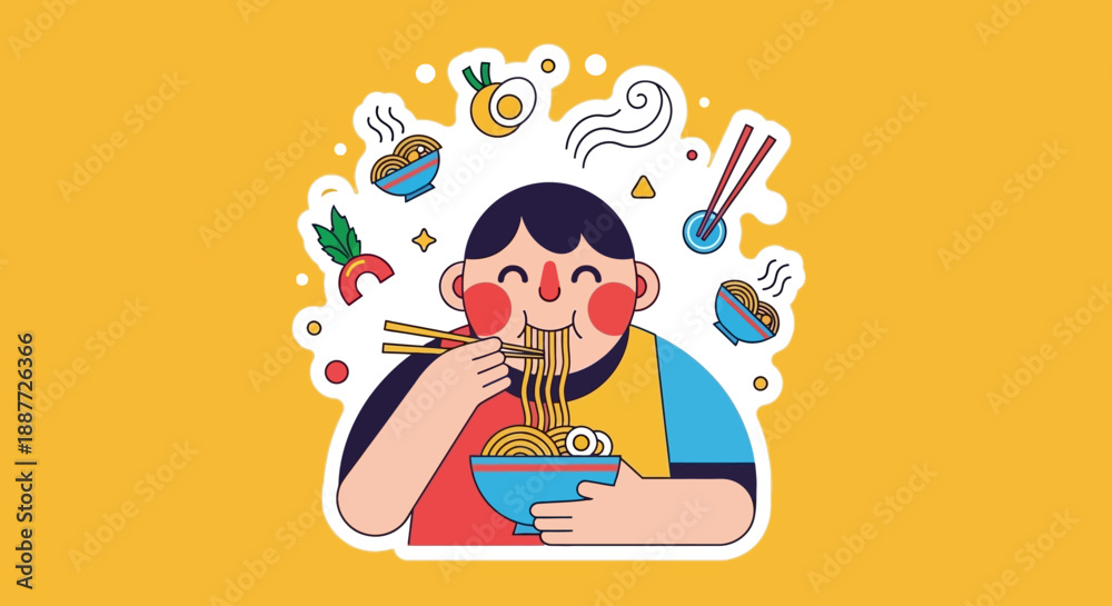 Naklejka premium A cheerful cartoon person enjoying a steaming bowl of ramen noodles with chopsticks.