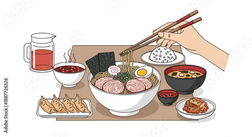 A delicious Japanese ramen meal with various side dishes including gyoza, miso soup, rice, and kimchi, served on a table.