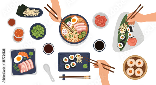 A delicious Japanese ramen meal with various side dishes including gyoza, miso soup, rice, and kimchi, served on a table.