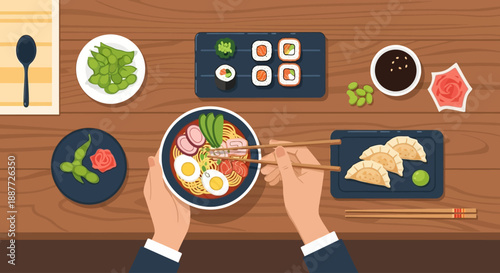 A person eating a bowl of ramen with chopsticks, surrounded by various Japanese dishes like sushi, gyoza, and edamame on a wooden table, viewed from above.