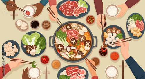A diverse group of people enjoying a communal hot pot meal, cooking various ingredients like meat, vegetables, and mushrooms in a simmering broth.