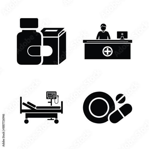 Hospital Service and Medication Icons with Reception Desk, Medical Bed, Pills, and Medicine Bottle