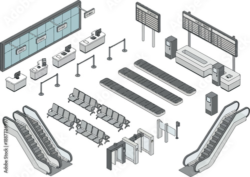 Isometric Airport Elements Conveyor Belts, Escalators, and Check-in Counters