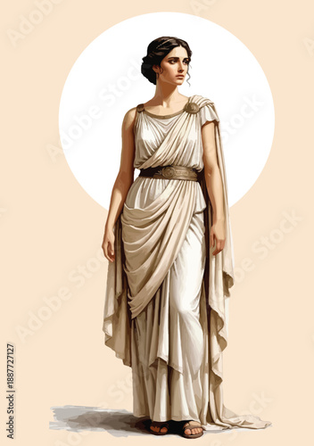 063-12-Woman dressed in flowing ancient greek or roman toga standing against a simple background
