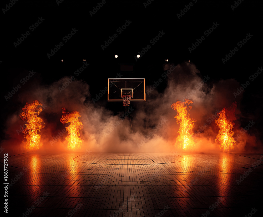 Obraz premium Basketball Court Backdrop with Flames / Fiery Arena Background / Intense Sports Energy and Power / Dramatic Basketball Scene Design