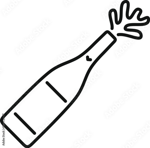 Champagne bottle line art icon showing popping cork and fizz