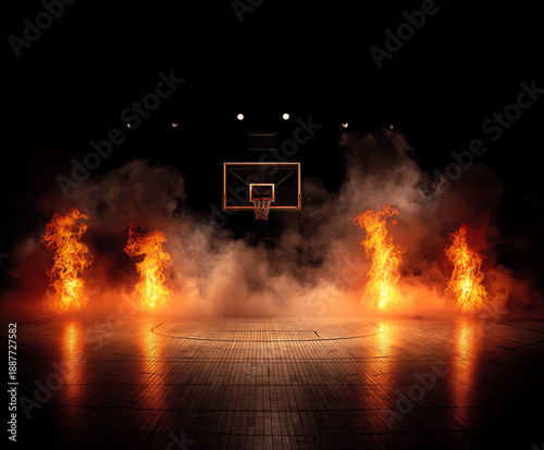 Basketball Court Backdrop with Flames / Fiery Arena Background / Intense Sports Energy and Power / Dramatic Basketball Scene Design