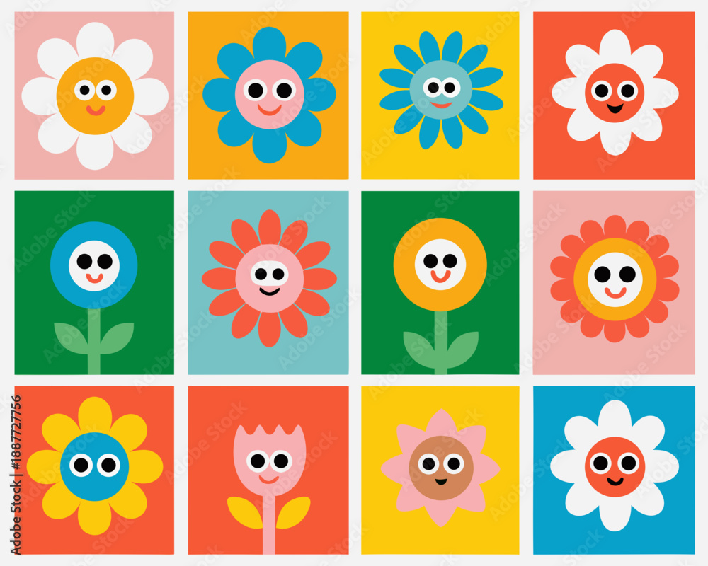 Obraz premium Colorful cartoon flowers arranged in a grid pattern with smiling faces