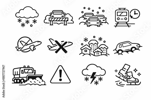 Weather, Transport and Emergency Warning Line Icons