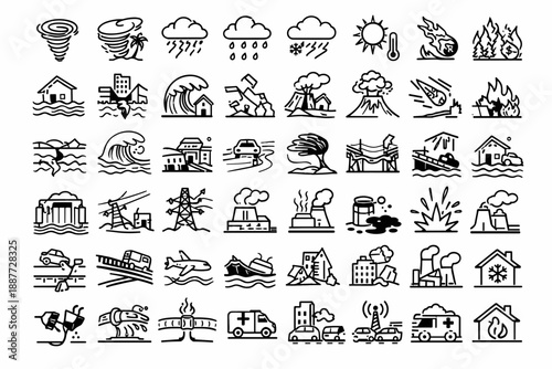 Disaster, Climate and Extreme Weather Line Icons Set