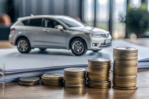 Car Loan and Auto Finance Concept with Savings, Coins and Vehicle Model