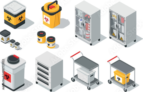 Medical Waste Disposal and Storage Isometric Illustrations