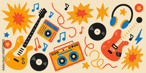 A vibrant collection of musical instruments and elements in a retro style