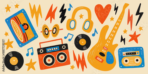Vintage music elements cassette tapes records and guitars in a playful design
