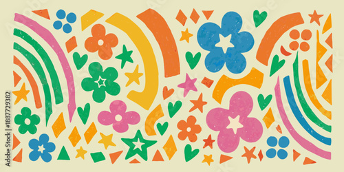 Colorful floral and star pattern with retro aesthetic and whimsical shapes